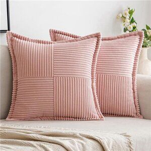 Corduroy Pillow Covers, 18x18 Boho Striped Decorative Cushions, Set of 2 (Pink)‎